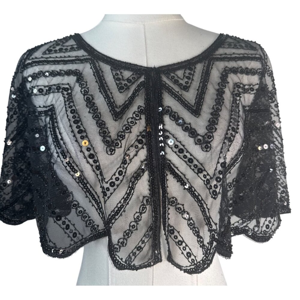 Vintage Black Sequin Sheer Capelet Shrug Bolero